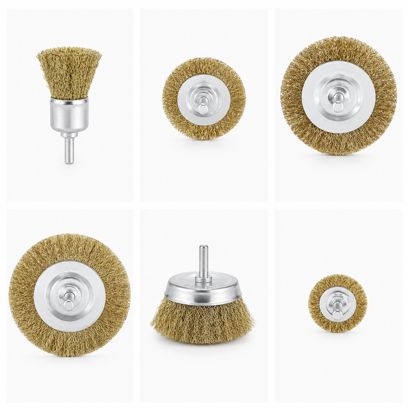 6 Piece Drill Brush Set, Brass Coated Carbon Steel  Drill Brush Set
