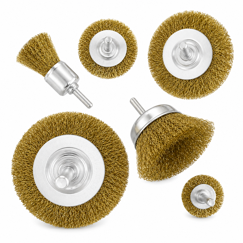 6 Piece Drill Brush Set, Brass Coated Carbon Steel  Drill Brush Set