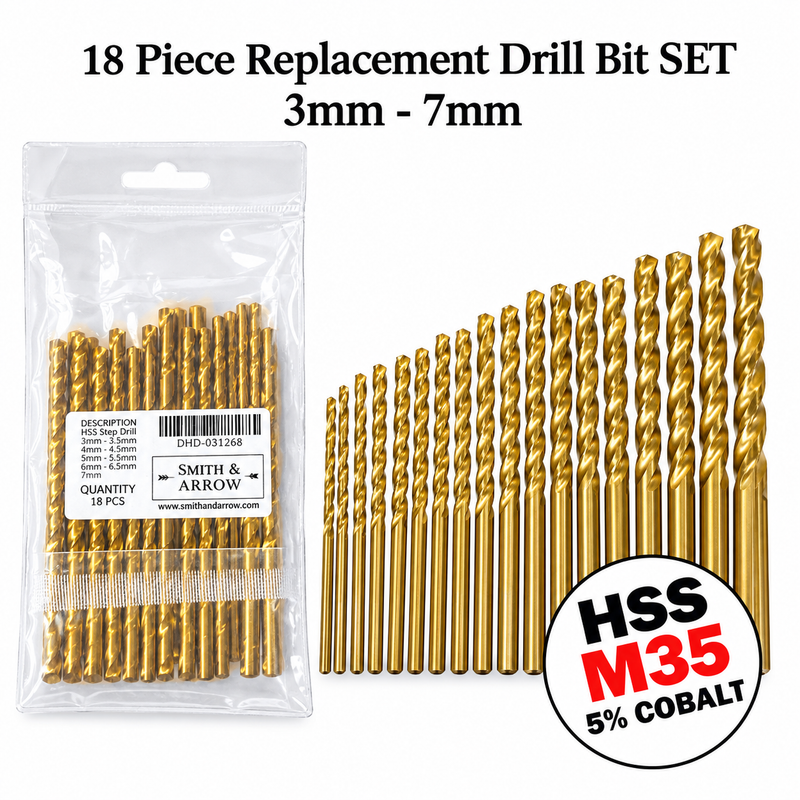 18 Piece Metric M35 Drill Bit Set - 3mm to 7mm